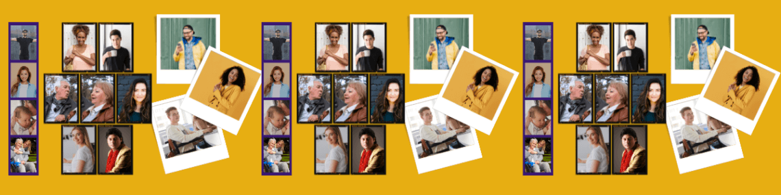 A selection of photographs of different people, ages and genders on yellow background